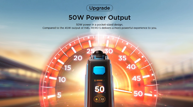 The Geek Vape Aegis Hero 5 vape kit has a 50W power output.