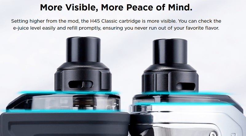 The Geek Vape H45 vape pod features a visible e-liquid window.
