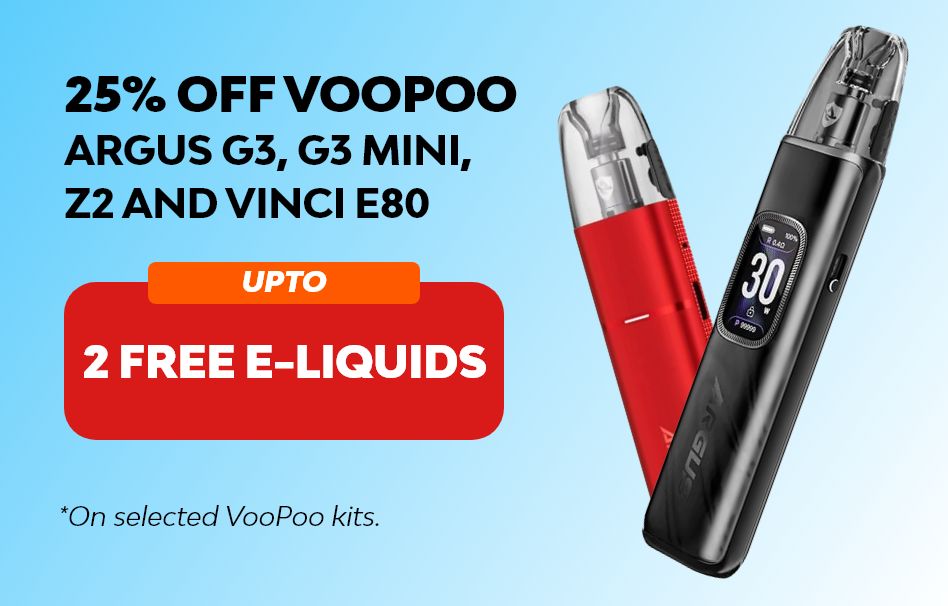 Get 25% off VooPoo Argus G3, G3 Mini, Z2 and Vinci E80 + up to 2 free e-liquids