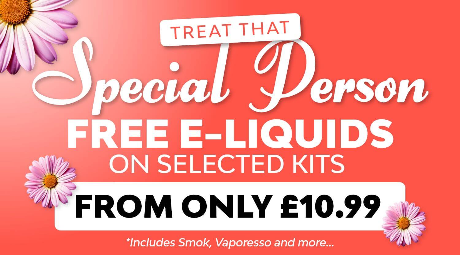 Get a free e-liquid with selected vape kits, from £10.99.