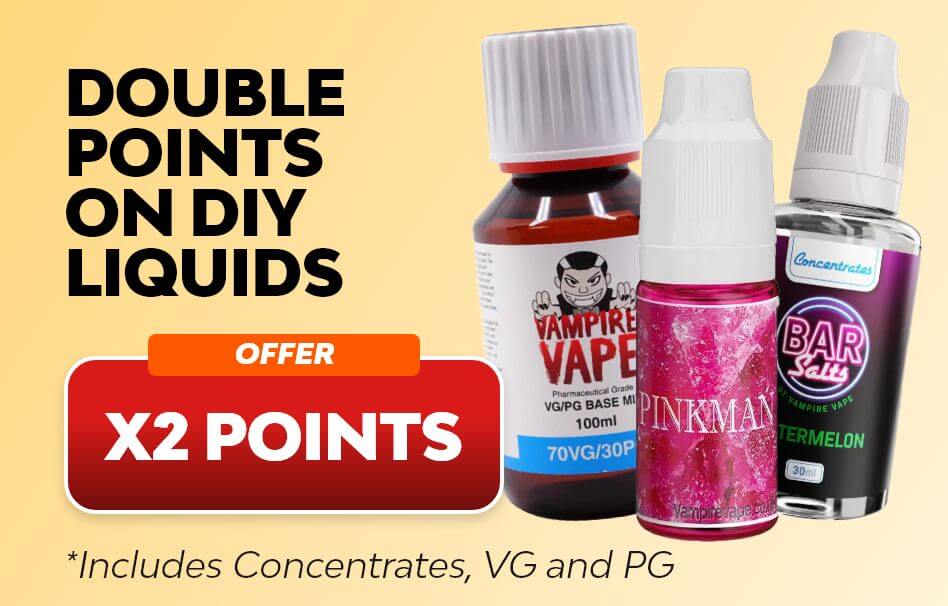 Get x2 points on DIY e-liquids, includes concentrates, VG and PG.