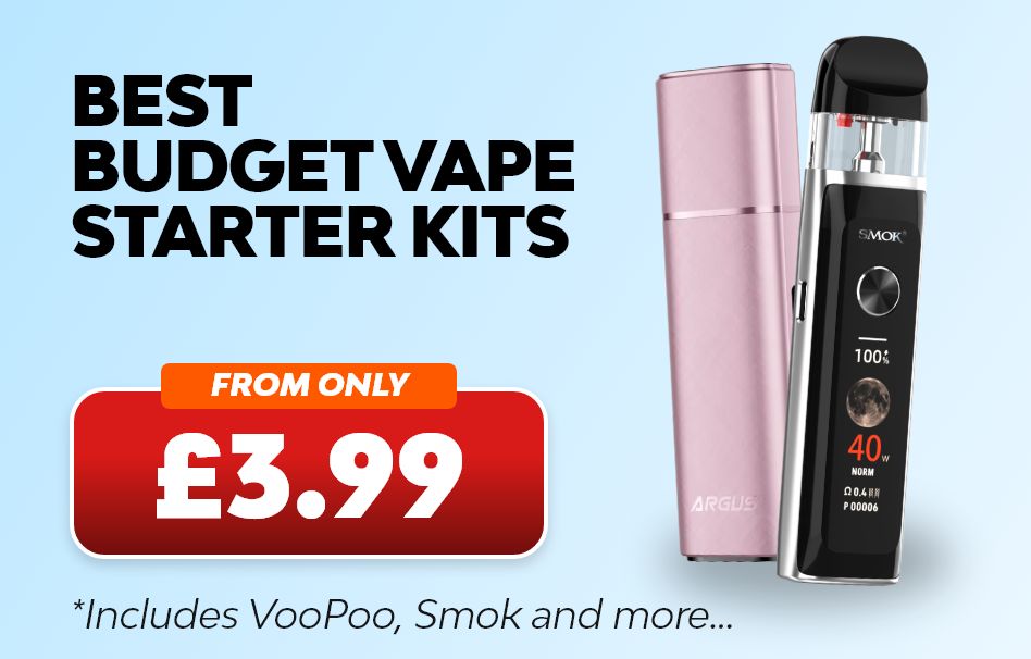 Best budget vape starter kits from only £3.99, includes top vape brands.