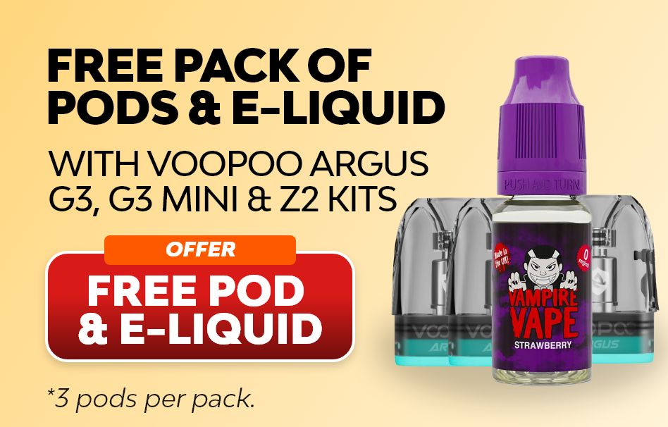 Get a free e-liquid and pack of pods with selected VooPoo vape pod kits.