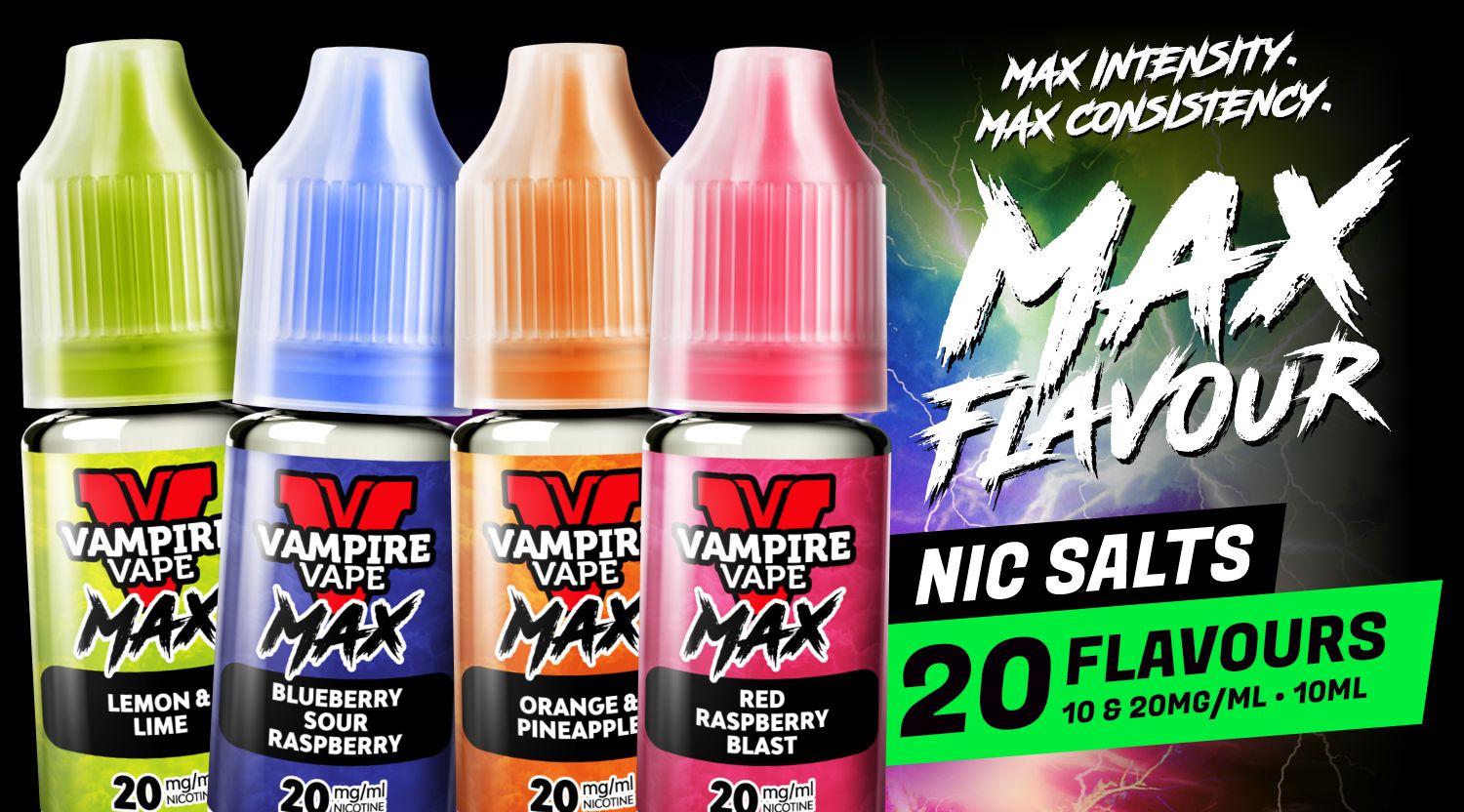 Buy any 4 for £12 e-liquids and get a free Vampire Vape Max.