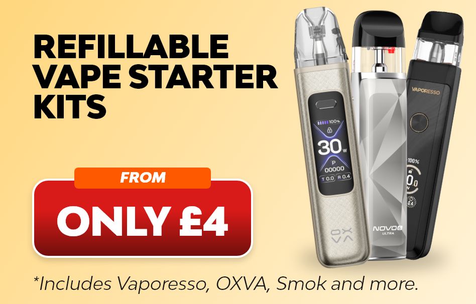 Shop refillable vape starter kits from only £4 - includes top vape brands.