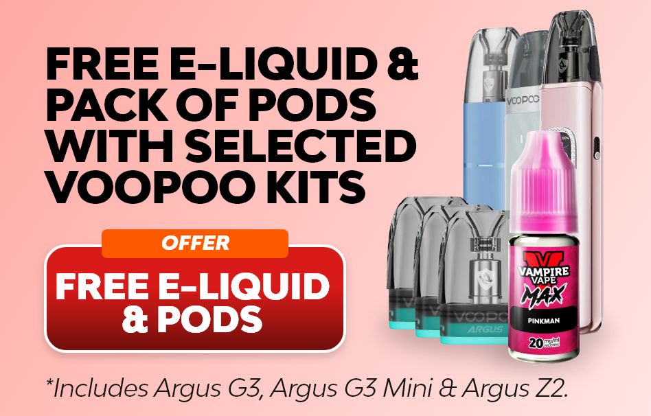 Shop selected VooPoo kits and get a free e-liquid and pack of pods.