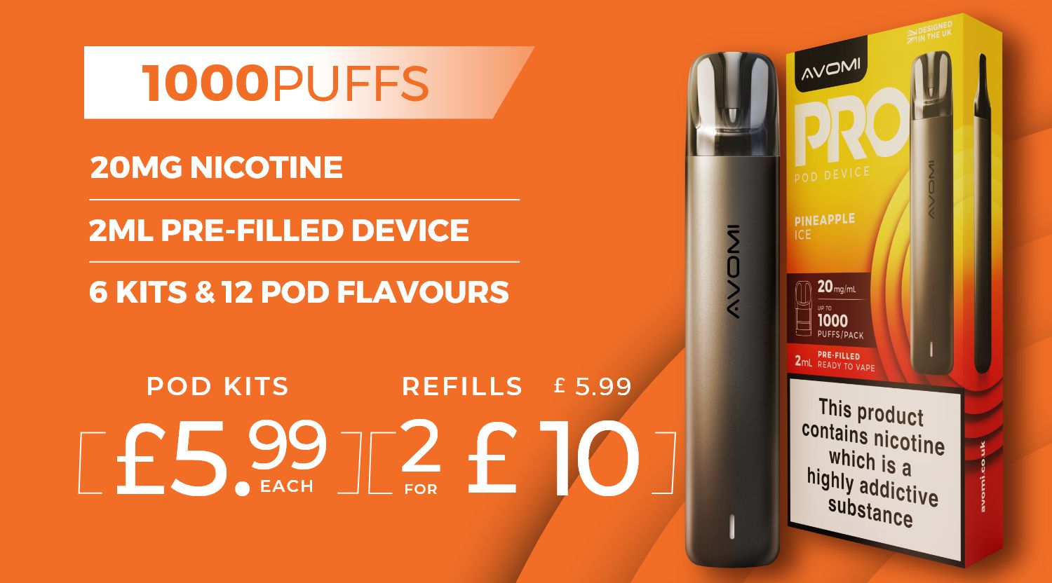 Shop the new Avomi Pro pod kit and pods - from 2 for £10 - 500mAh battery.
