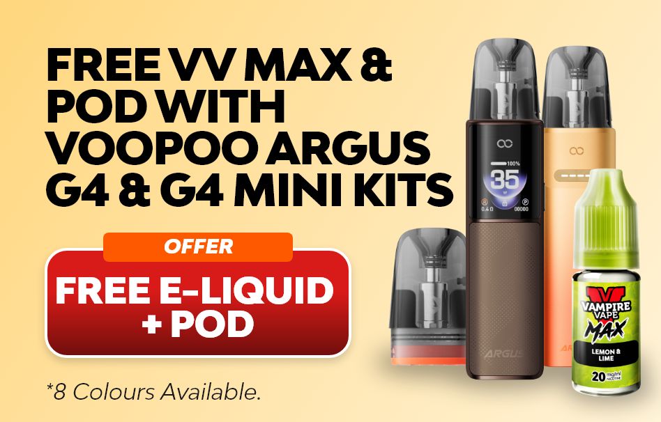 Shop the new VooPoo Argus G4 or G4 Mini vape pod kits and get a free e-liquid and pack of pods.