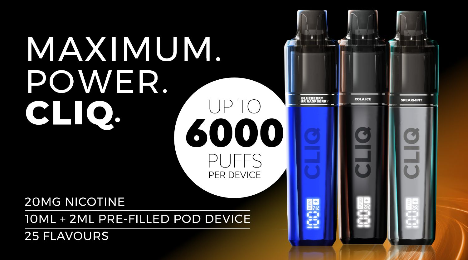 The Avomi CLIQ prefilled kit delivers up to 6000 puffs, with 20mg nicotine strength.