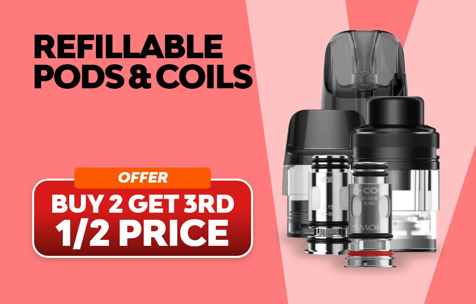 Buy 2 get 3rd half price on refillable pods & coils.