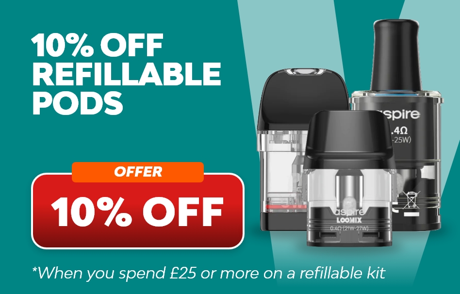 Spend £25 or more on a refillable kits and get 10% off refillable pods.