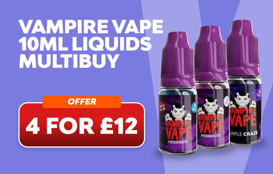 Shop Vampire Vape 10ml e-liquids and purchase any 4 for £12.