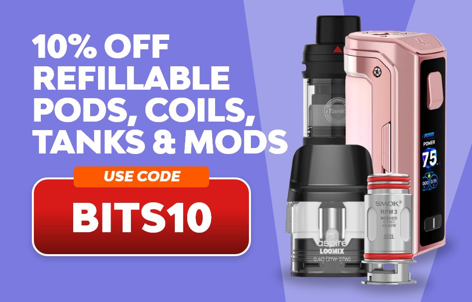 Shop refillable pods, coils, tanks & mods and save 10%.