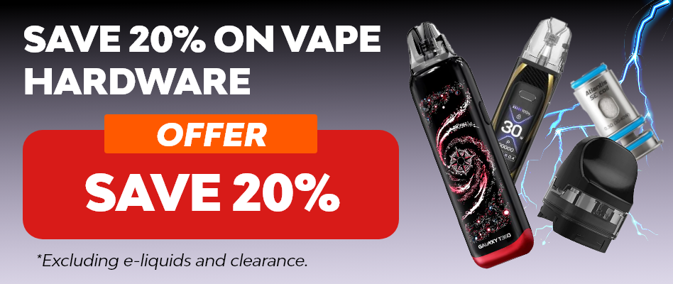 Save 20% on all vape hardware - excludes e-liquids and clearance.