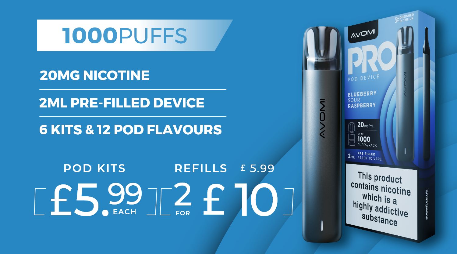 Shop the new Avomi Pro pod kit and pods - from 2 for £10 - 500mAh battery.