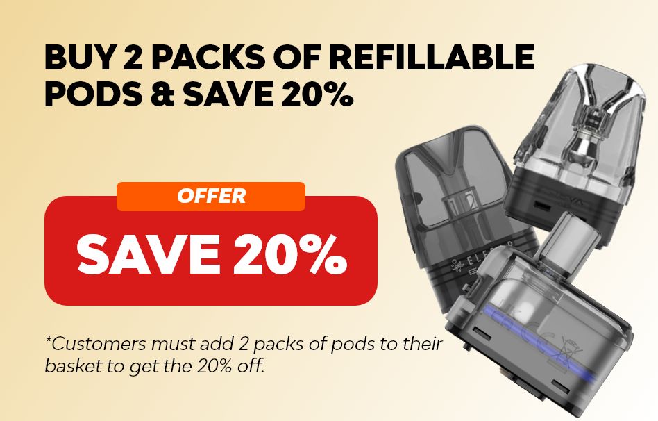 Buy 2 packs of refillable vape pods and save 20%.