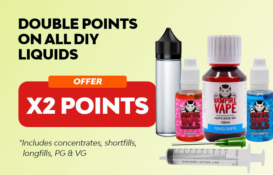Get x2 points on all DIY e-liquids - concentrates, shortfills, longfills, PG & VG