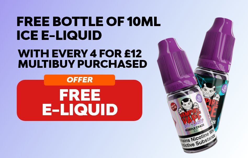 Free bottle of 10ml ice e-liquid with every 4 for £12 multibuy.