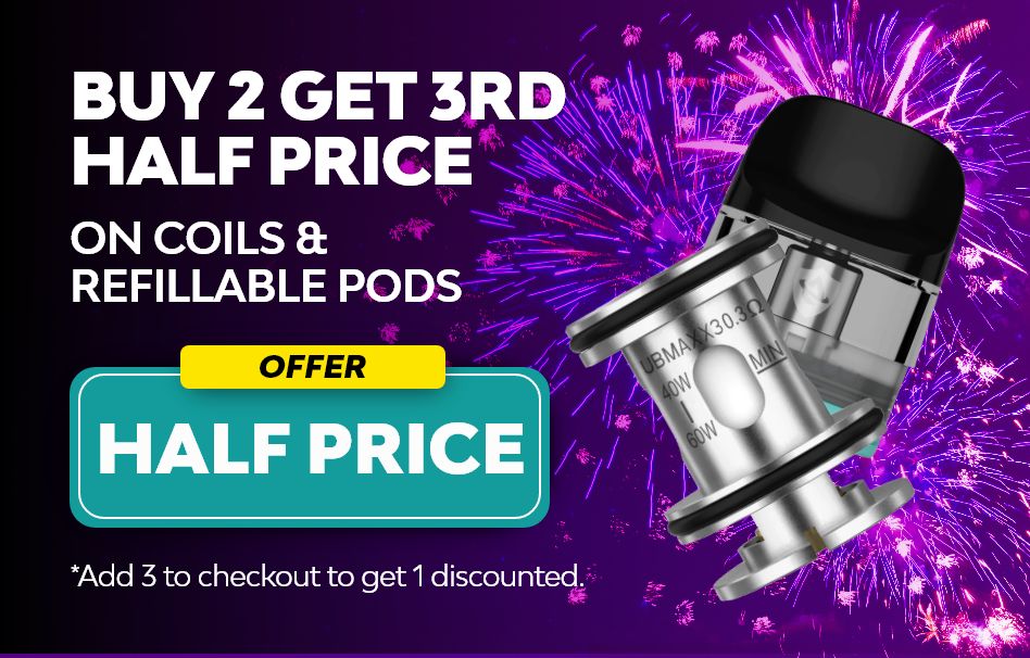 Buy 2 coils or replacement pods and get the 3rd half price.