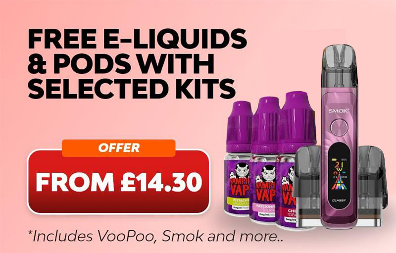 Shop selected vape kits and receive a free e-liquid and pod.