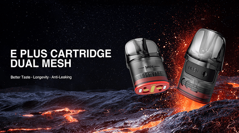 The Lost Vape E Plus vape pod is a dual mesh replacement pod with a 2ml e-liquid capacity.