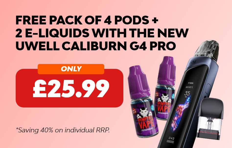 Save 40% on the new Uwell Caliburn G4 Pro bundle, get 1 pack of pods & 2 free vape juice.
