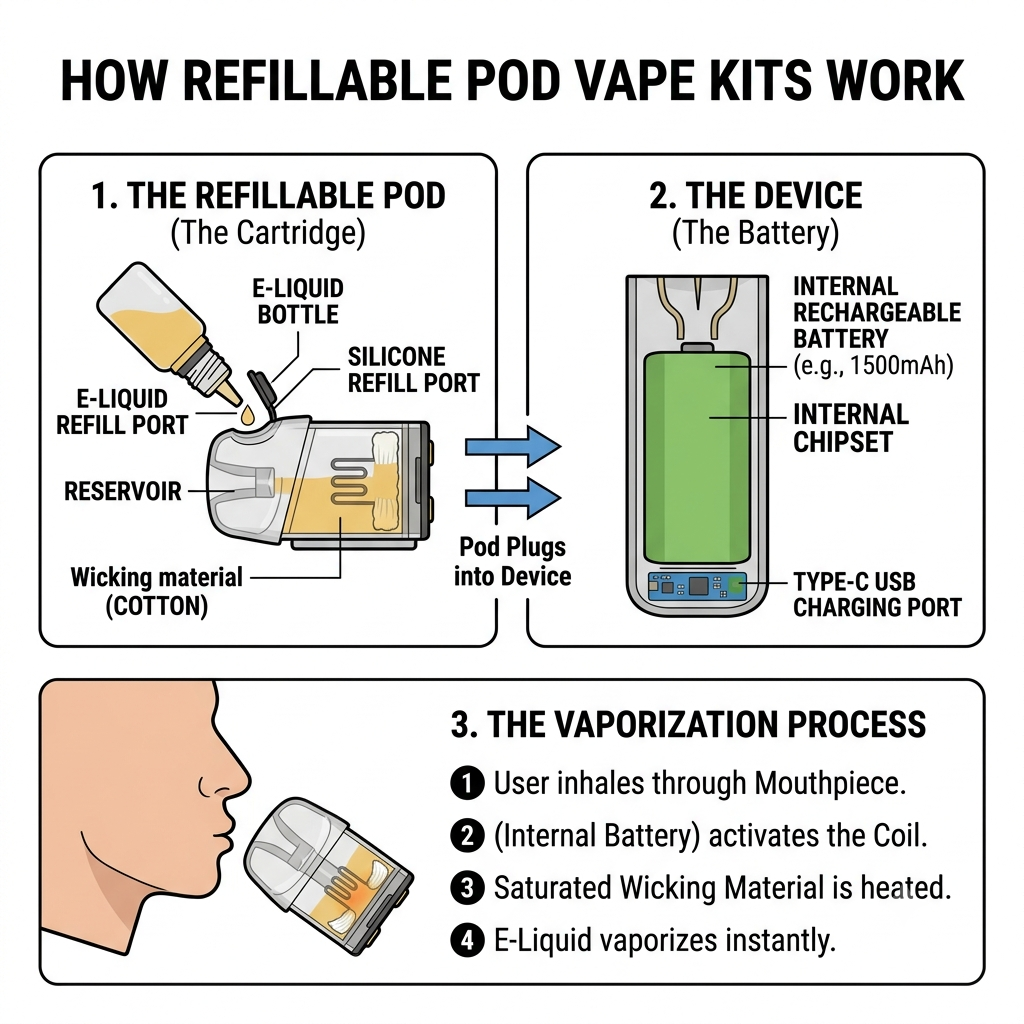 Diagram explaining how a vape pod kit works