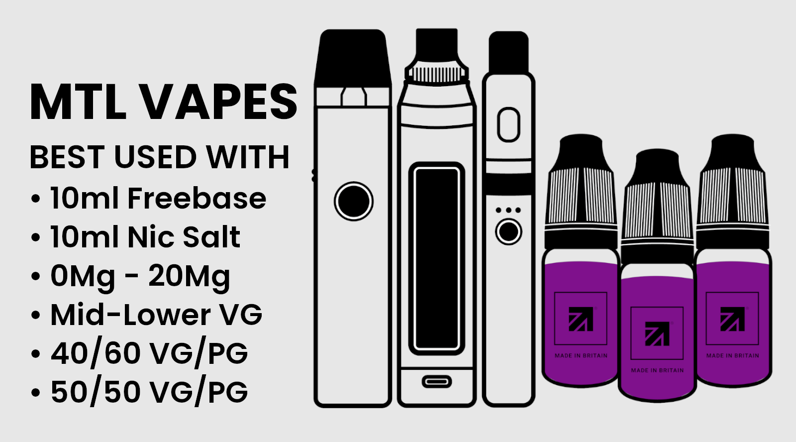 MTL (mouth to lung) vaping works best with 50/50 VG/PG vape juice or higher 