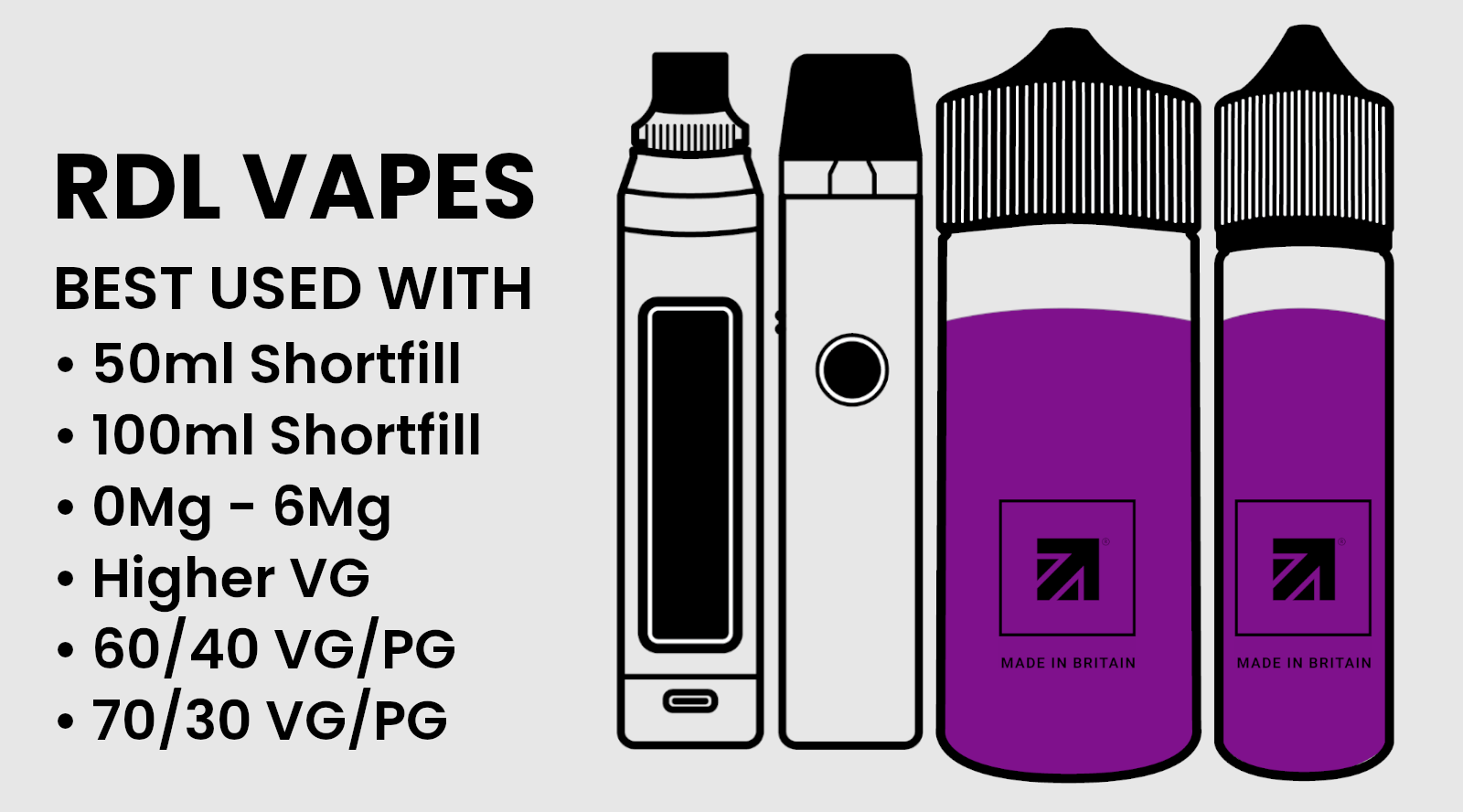 RDL (restricted direct to lung) vaping works best with 60/40 VG/PG vape juice or higher 